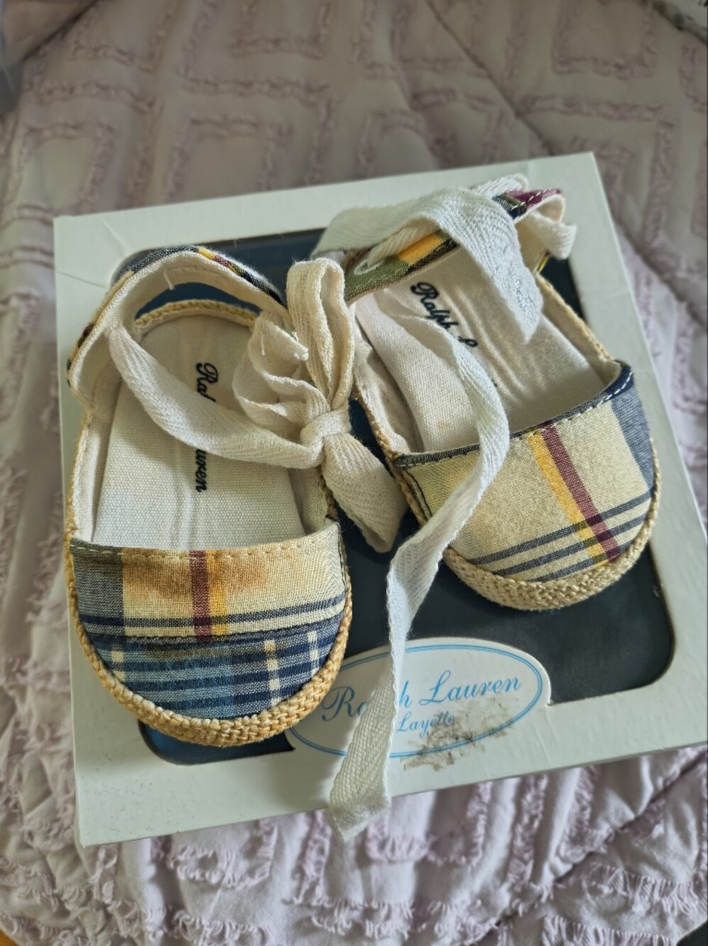 Ralph Lauren Plaid Canvas Espadrille Sandals with Lace Tie